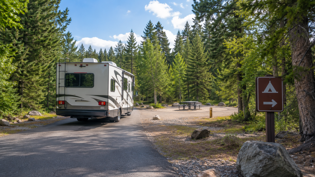 RV approaching a clearly marked campground road with visible site signs, a level gravel pad, and easy backing space in natural daylight