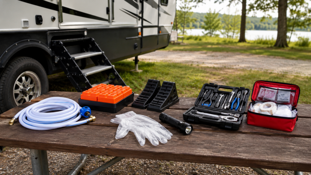 Beginner RV essentials arranged on a picnic table beside an RV, including a drinking-water hose, leveling blocks, wheel chocks, gloves, flashlight, tool kit, and first-aid kit