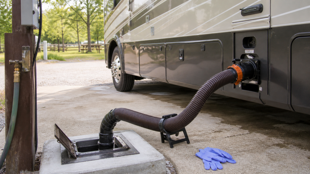 RV at a dump station with a secure sewer hose connected for black tank dumping and disposable gloves nearby.