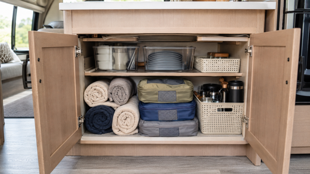 Inside of a small RV cabinet organized with clear bins, packing cubes, rolled towels, kitchen items, and lightweight storage baskets