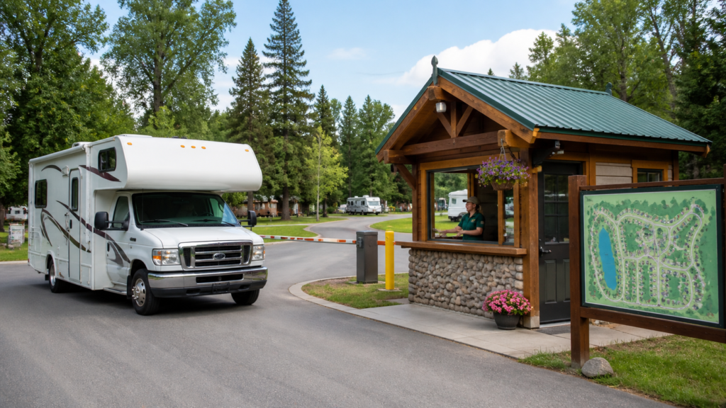First-time RV campers arriving at a campground check-in booth with a campground map sign nearby
