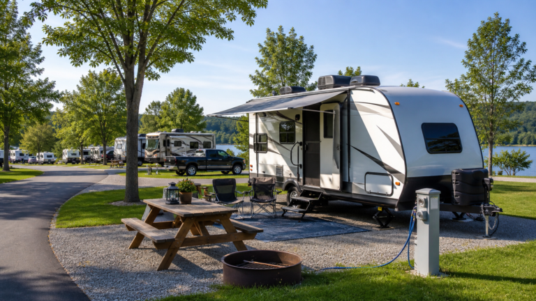 Beginner-friendly RV campground scene with a clean travel trailer parked at a well-kept campsite with a picnic table, utility pedestal, and neighboring RV sites