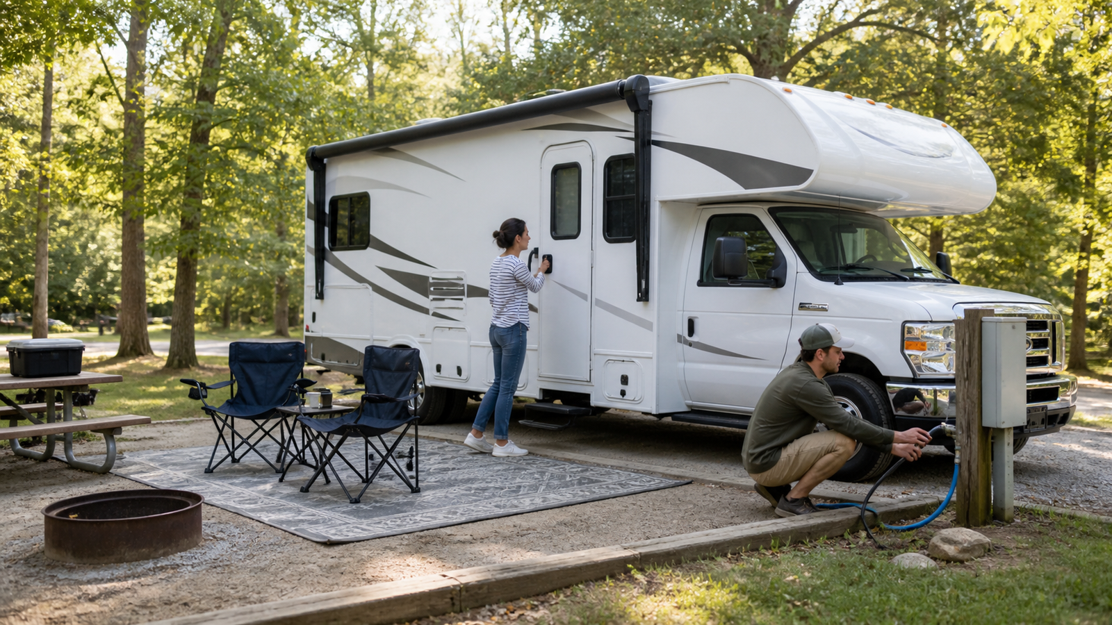 Beginner-friendly travel trailer campsite setup for a first RV camping trip