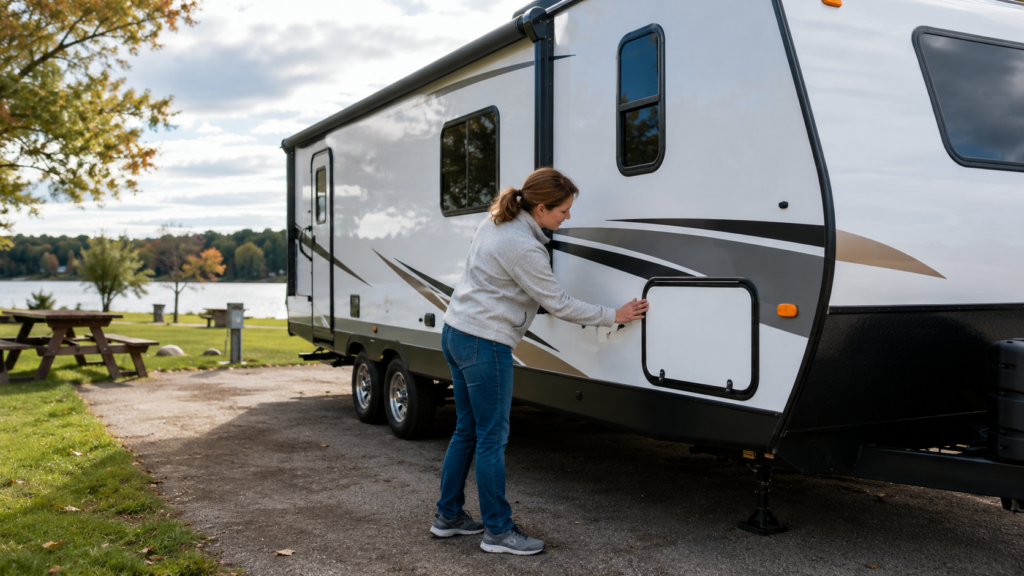 Beginner RV camper doing a final walk-around and checking a travel trailer before leaving a campsite