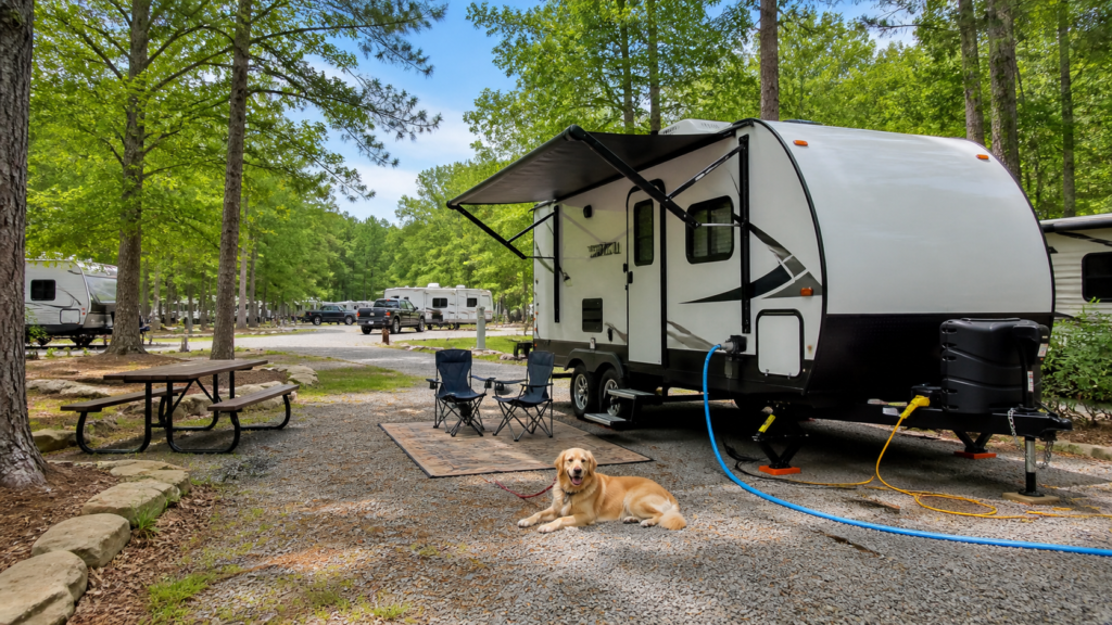 Tidy beginner-friendly RV campsite with proper spacing, organized setup, and a calm campground setting