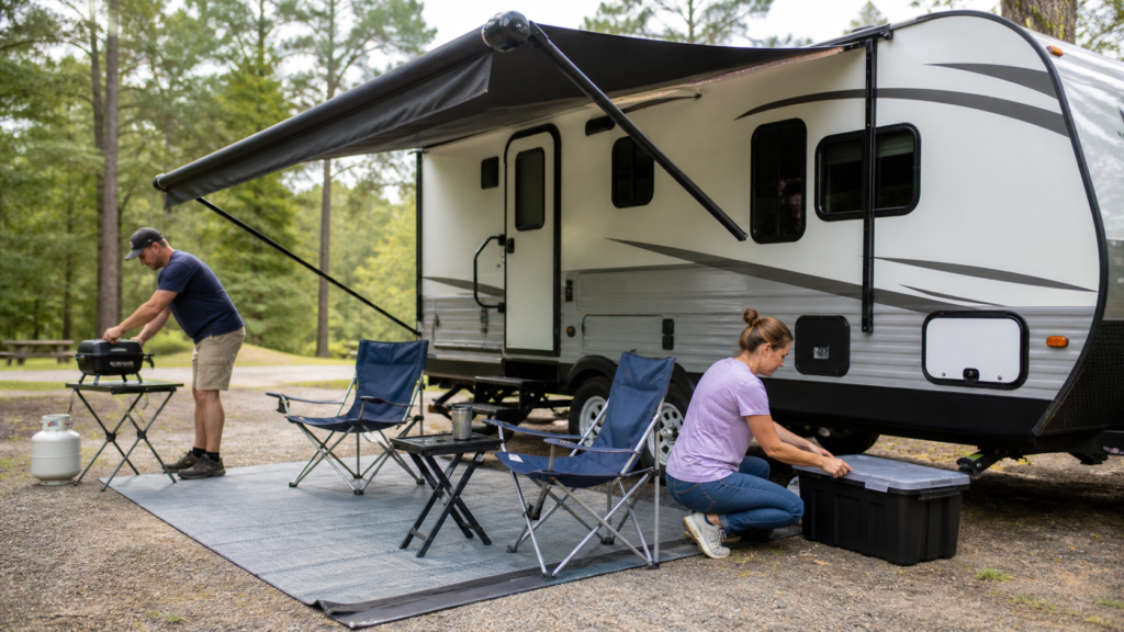 Beginner RV campers setting up a simple outdoor living space beside a travel trailer with an awning, folding chairs, and an outdoor mat
