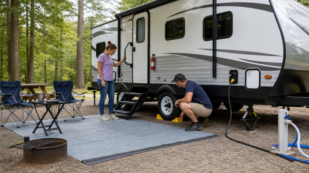 Beginner RV campers doing a final campsite safety check beside a travel trailer with clear walkways, wheel chocks, and neatly routed hookups
