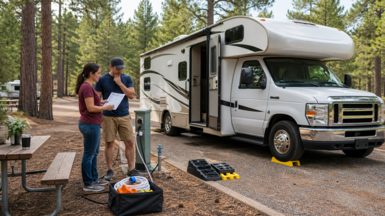 First-time RV campers reviewing a campsite setup checklist beside a small motorhome at a campground