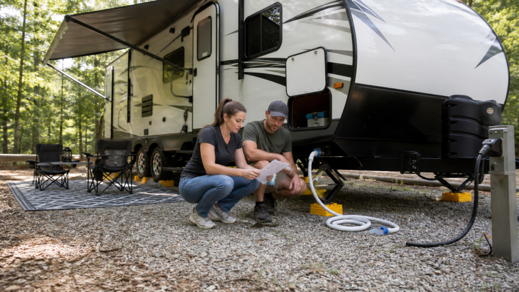 Beginner RV campers using a checklist during travel trailer campsite setup with leveling blocks, water hose, and power cord visible