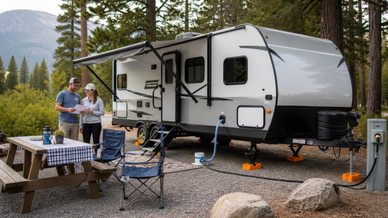 Beginner RV campers setting up a travel trailer at a campsite with leveling blocks, water hose, and power hookup