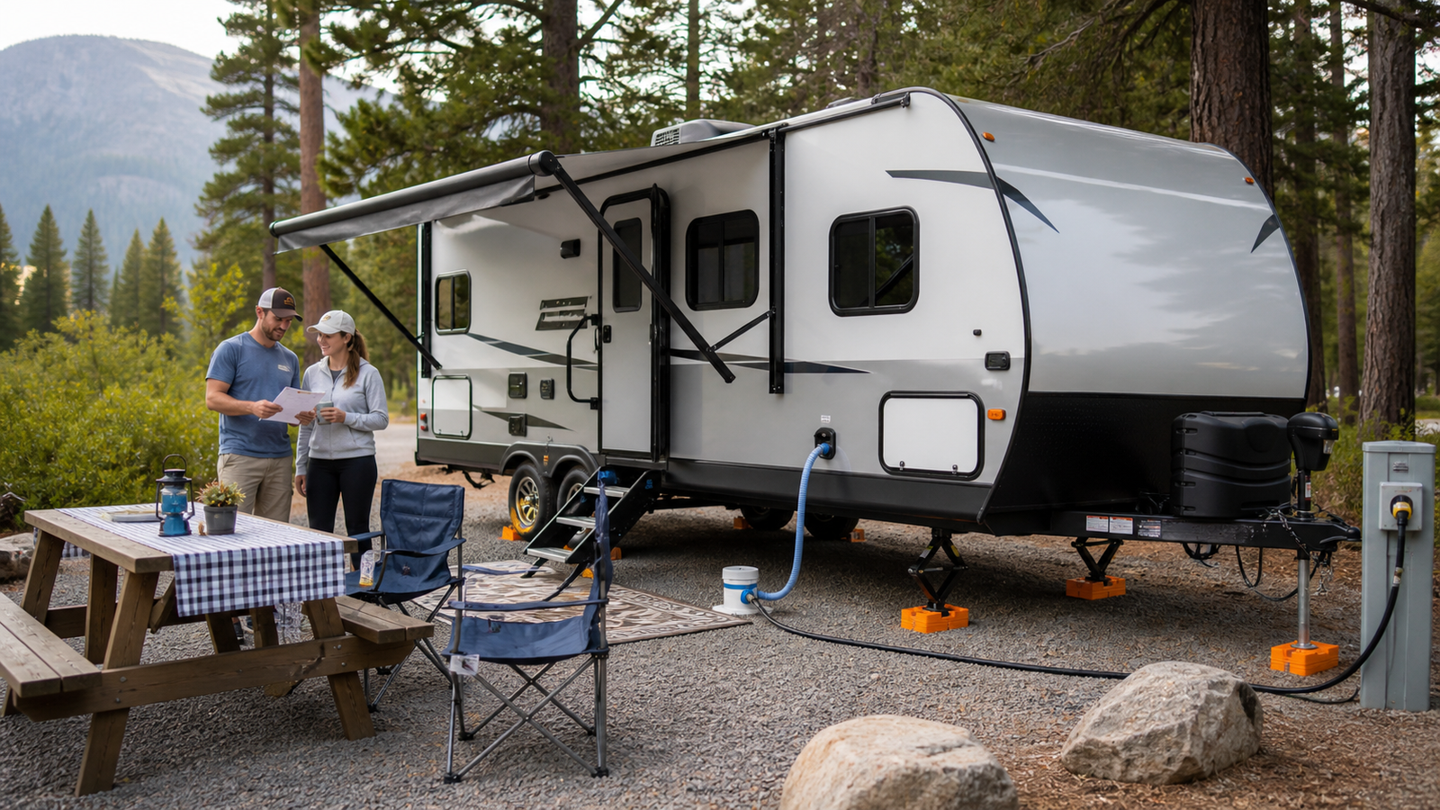 Beginner RV campers setting up a travel trailer at a campsite with leveling blocks, water hose, and power hookup