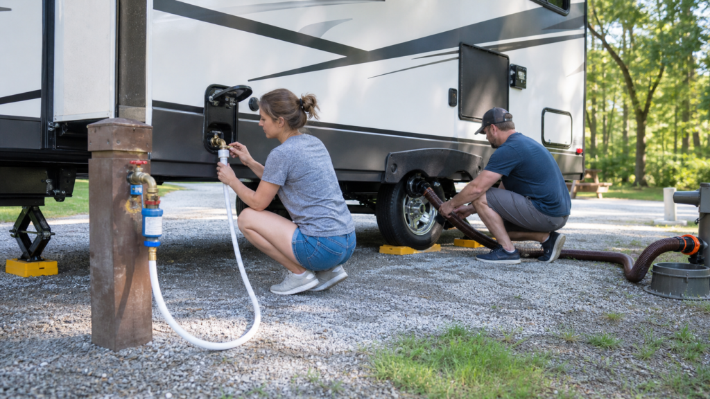Beginner RV campers connecting fresh water and wastewater hookups beside a travel trailer at a campsite