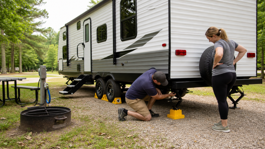 Beginner RV campers leveling and stabilizing a travel trailer with wheel chocks, leveling blocks, and stabilizer jacks at a campsite