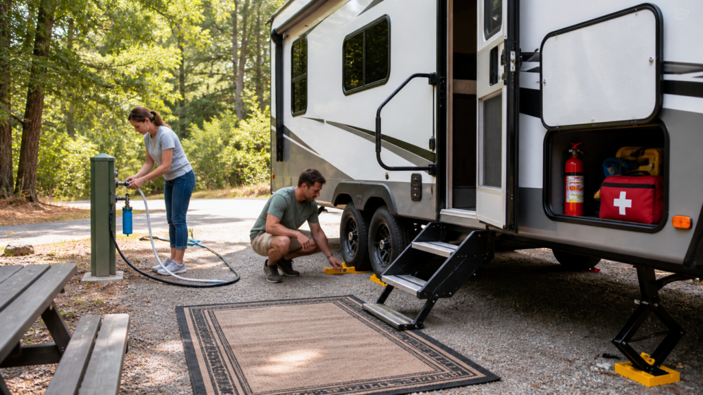 Beginner RV campers doing basic safety checks beside a travel trailer at a campsite