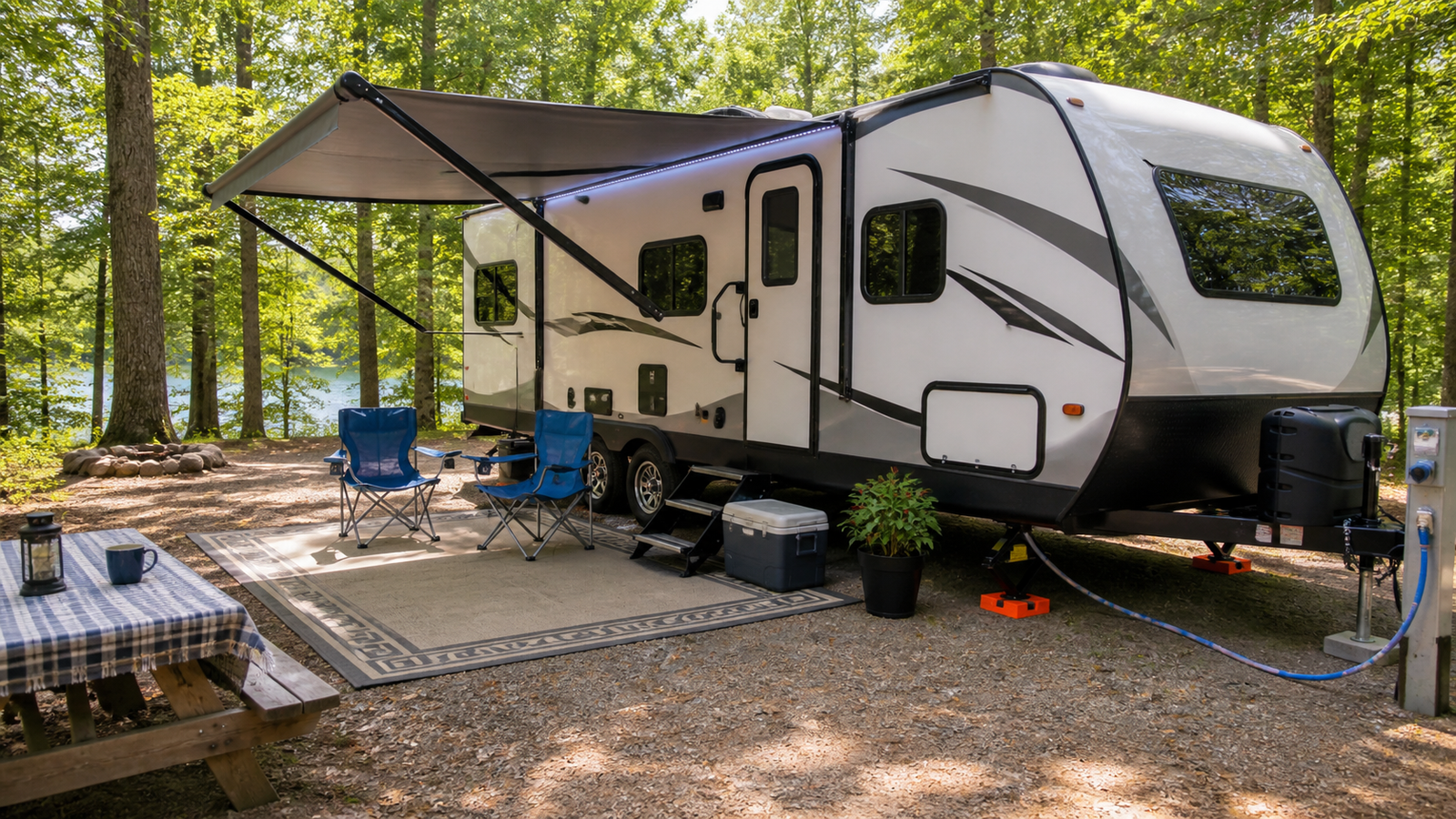 Beginner-friendly RV campsite fully set up beside a travel trailer with leveling blocks visible, water and electric hookups connected, an awning, outdoor mat, folding camp chairs, and a clean organized campsite layout.