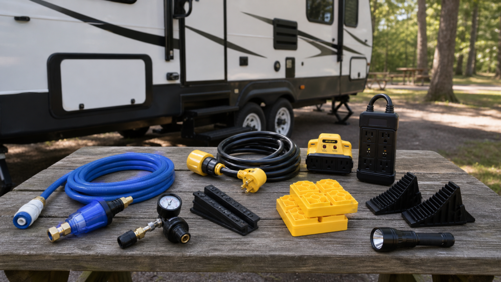 Beginner RV campsite setup gear arranged on a picnic table beside a travel trailer, including a drinking-water hose, pressure regulator, power adapter, surge protector, leveling blocks, wheel chocks, and flashlight.