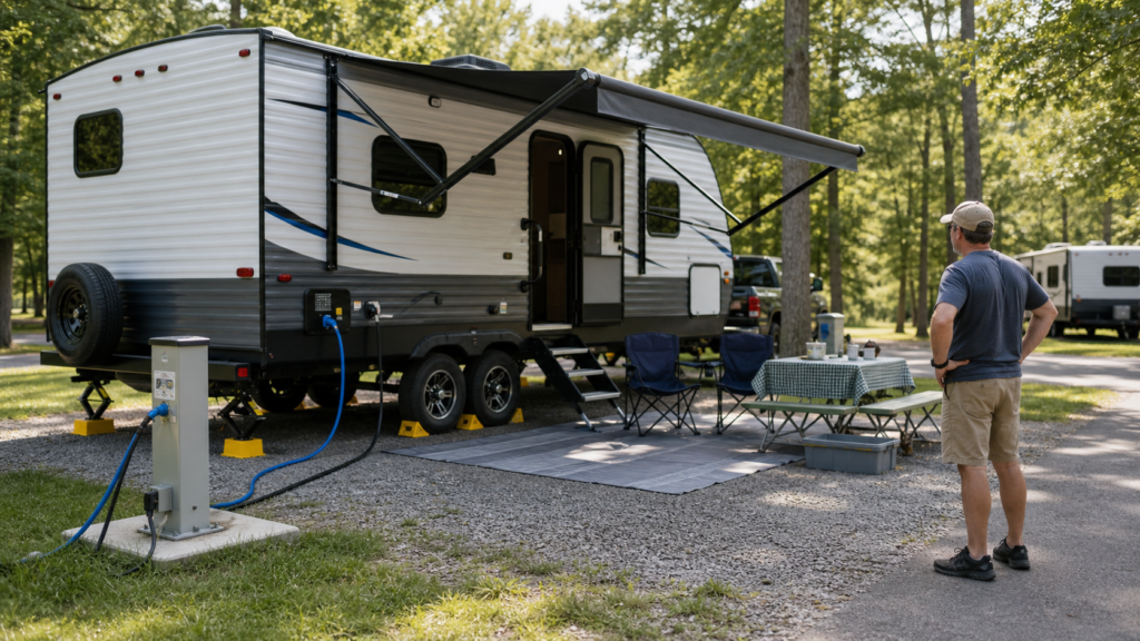 Beginner-friendly RV campsite setup in progress with a travel trailer being leveled and stabilized, wheel chocks visible, and one person checking the site