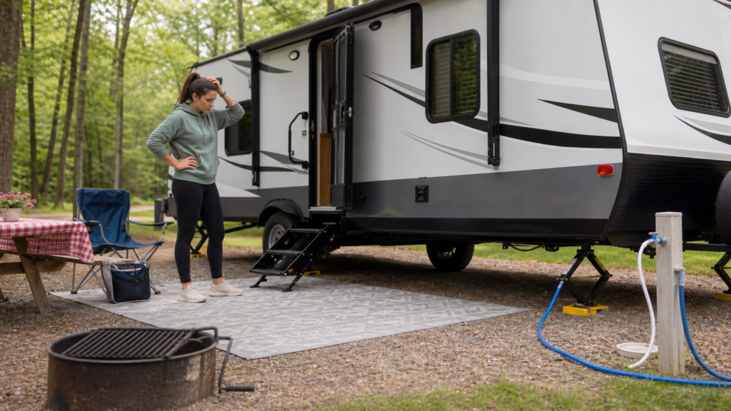 Beginner RV camper noticing subtle campsite setup mistakes beside a travel trailer, including an uneven setup and awkward hose placement