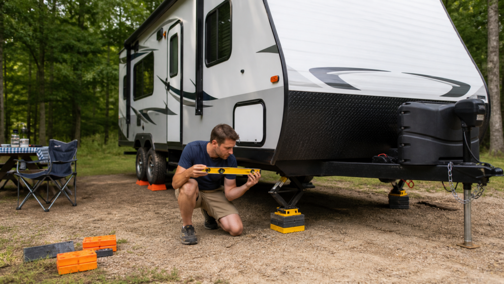 Beginner-friendly RV campsite showing a camper checking a bubble level beside a slightly uneven travel trailer with awkward leveling block placement