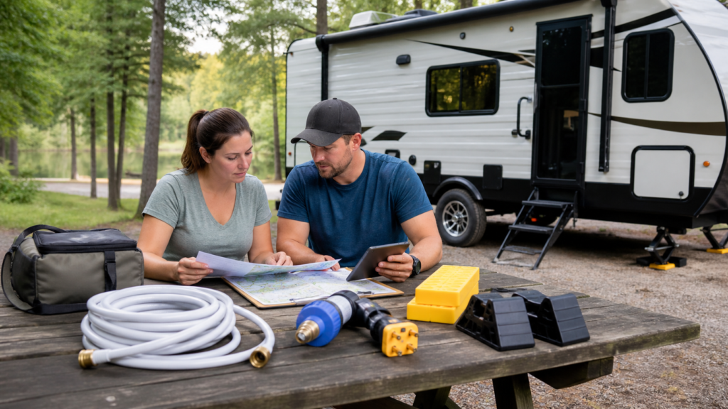 Beginner RV campers reviewing a campground map and setup checklist at a picnic table beside a travel trailer