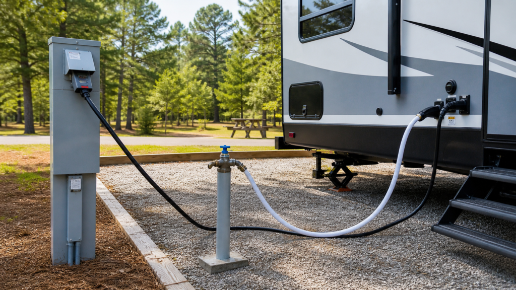 RV campsite utility area with electrical pedestal, potable water hookup, and neatly connected utility lines beside a travel trailer