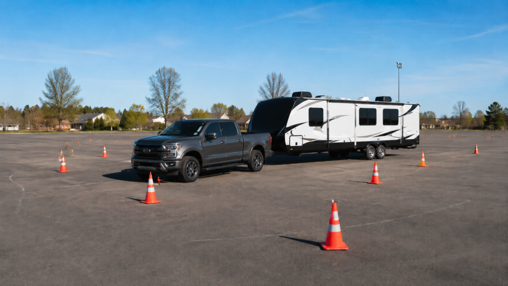 Pickup truck towing a travel trailer through orange cones during beginner RV driving practice in an empty parking lot.