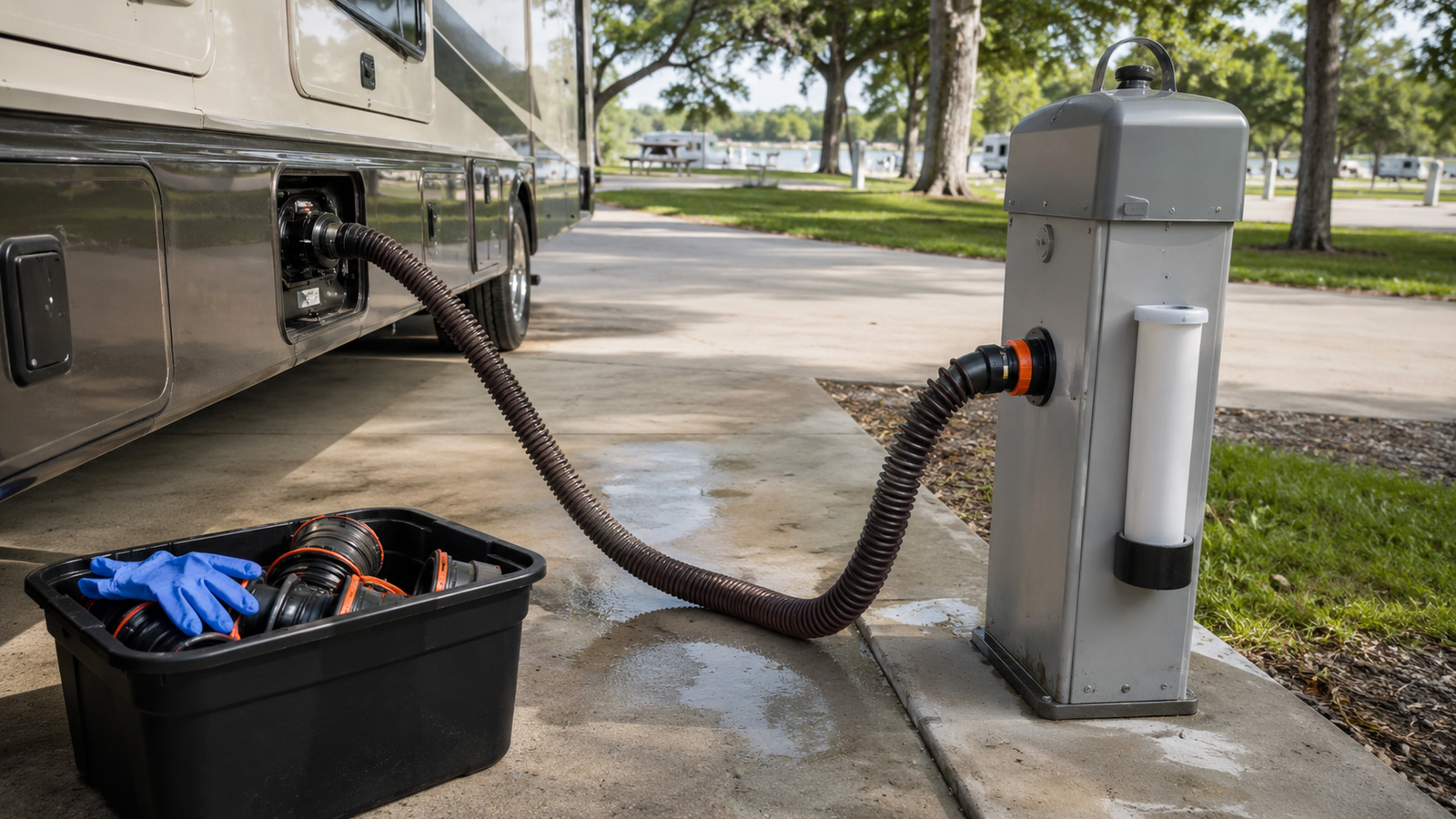 RV sewer hose connected at a clean campground dump station with gloves and sewer hose kit nearby