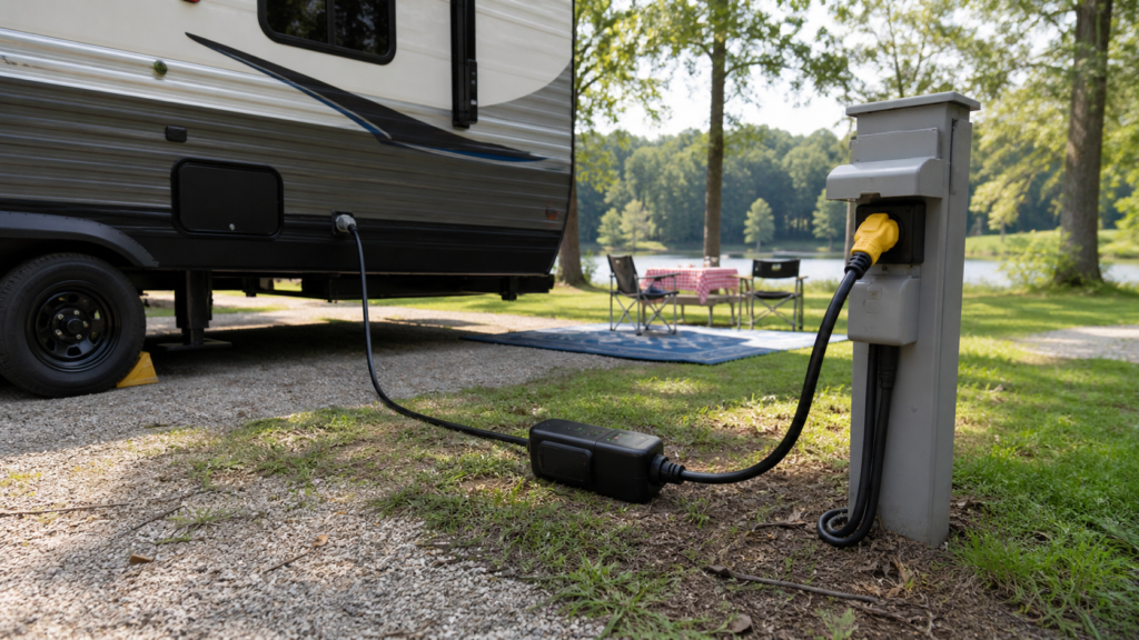 RV power cord plugged into a campground electrical pedestal with a portable surge protector beside a travel trailer at an organized campsite