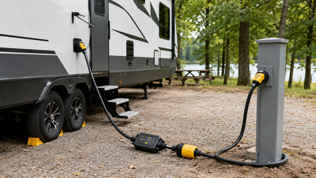 RV electrical hookup at a campground pedestal with a shore power cord, surge protector, and adapter connected in a clean beginner-friendly setup