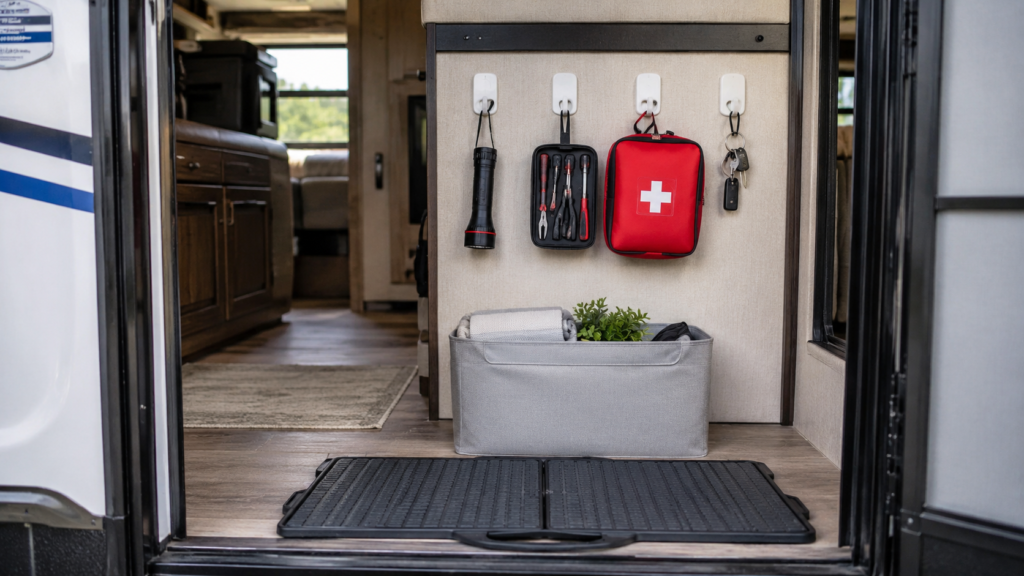Beginner RV safety and organization essentials inside an RV entry area, including a flashlight, small tool kit, first-aid kit, command hooks, storage bin, and folding step mat