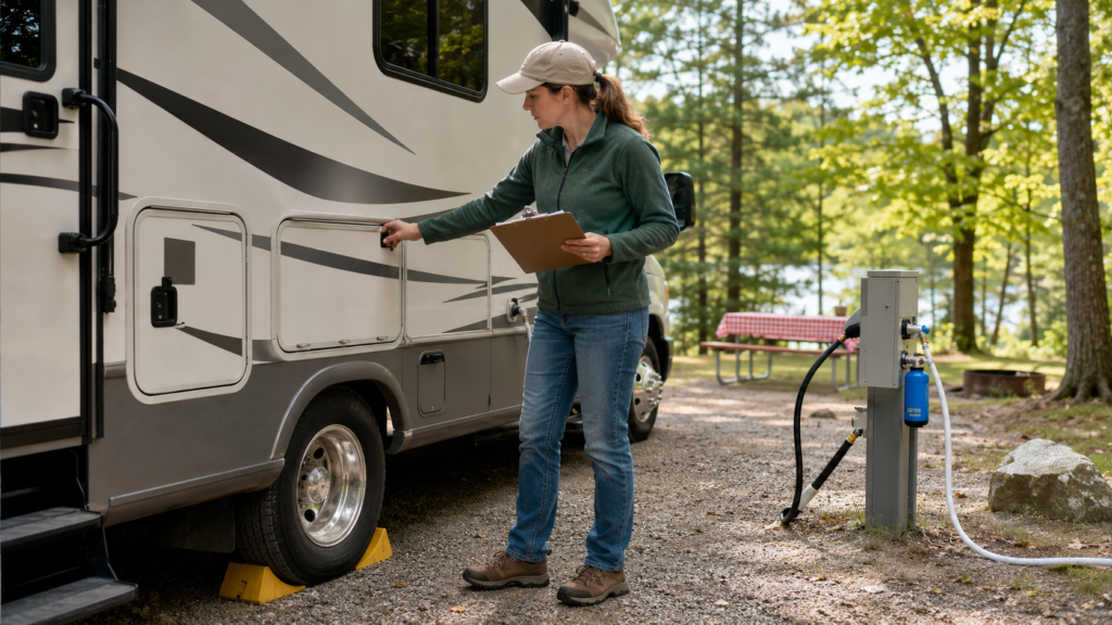 Beginner RV camper doing a final walkaround with a clipboard, checking storage compartments, wheel chocks, and hookup area before leaving a campsite