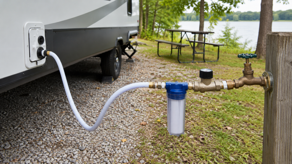 RV fresh water hookup at a campground spigot with a drinking-water-safe hose, pressure regulator, and inline water filter connected in an organized setup
