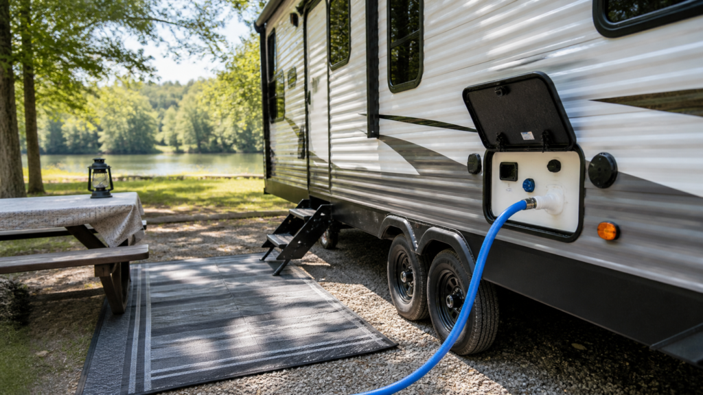 Potable water hose connected to the fresh water fill port on a travel trailer at a campground.