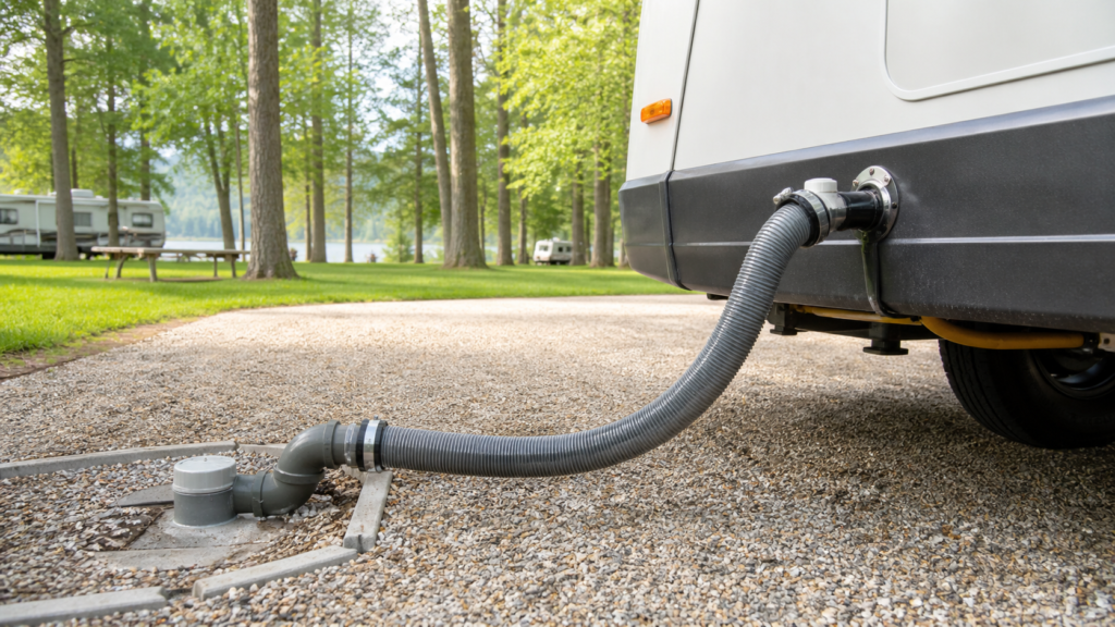Gray water drain hose connected to an RV sewer outlet at a tidy campground campsite.