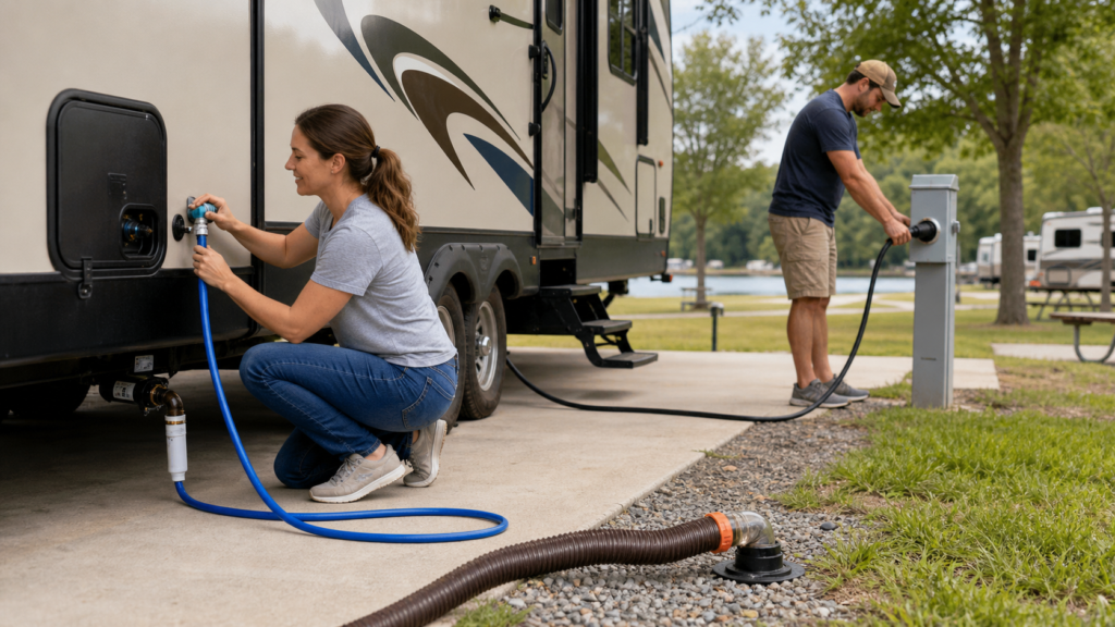 Beginner RV campers connecting water, power, and sewer hookups beside a travel trailer at a campground