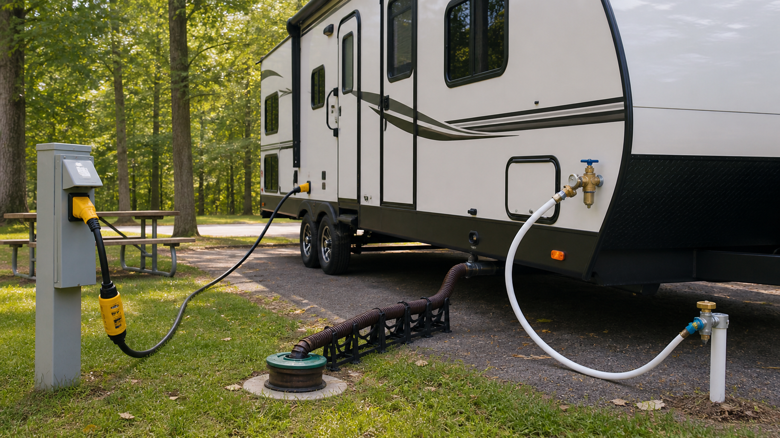Travel trailer at a full-hookup campground with water hose, power cord, surge protector, and sewer hose set up for beginner RV camping