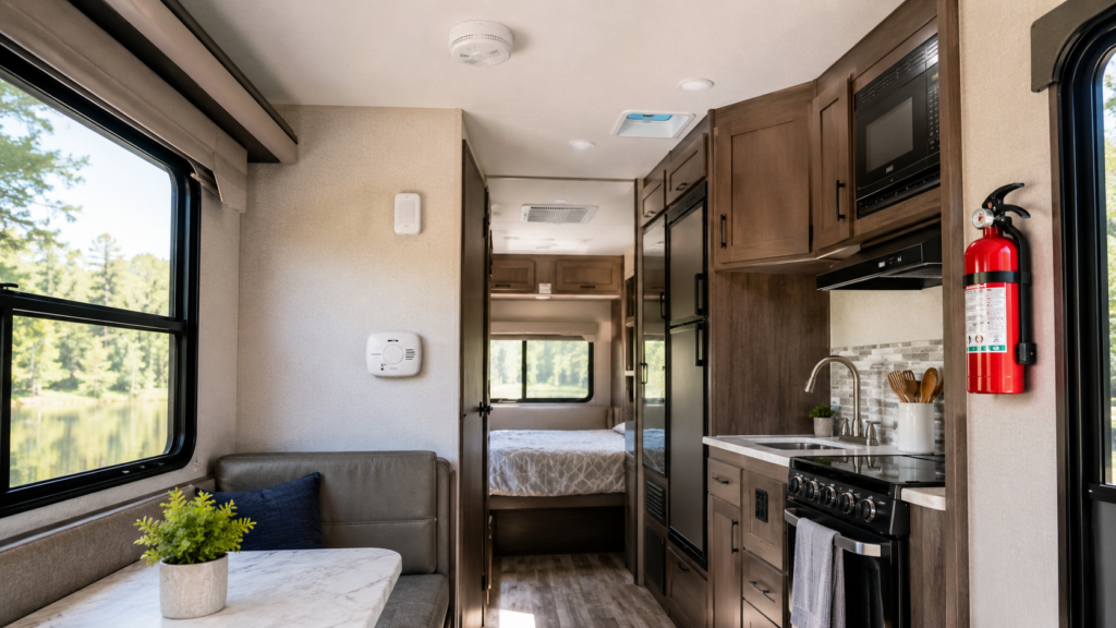 RV interior showing a fire extinguisher, smoke alarm, carbon monoxide detector, and propane detector in a clean beginner-friendly setup