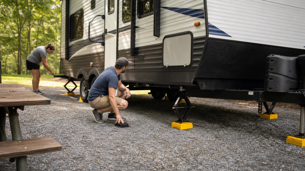 Beginner RV campers leveling a travel trailer with leveling blocks, wheel chocks, and stabilizers at a campground