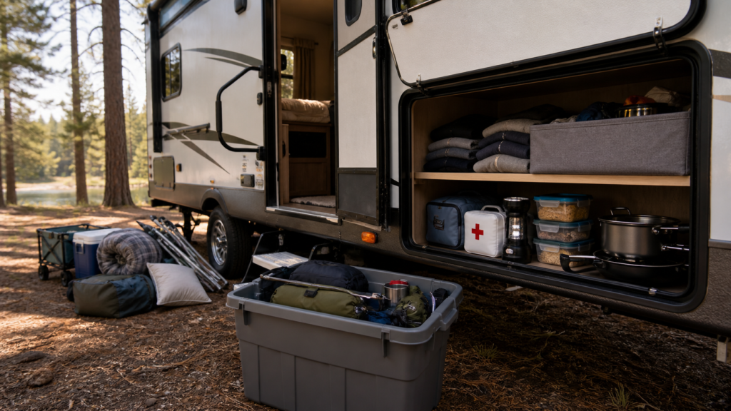 RV campsite with organized storage compartment and camping gear showing how to balance essentials without overpacking