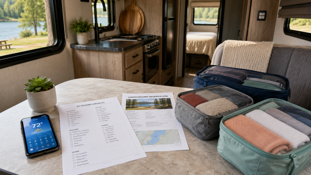 RV kitchen table with a packing checklist, campground reservation printout, weather app on a phone, and neatly sorted packing cubes