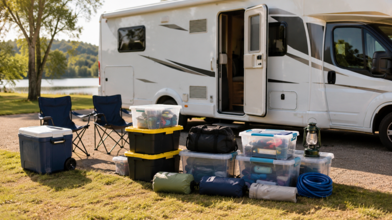 Beginner-friendly RV packing scene with storage bins, camp chairs, cooler, water hose, and camping gear beside a small motorhome