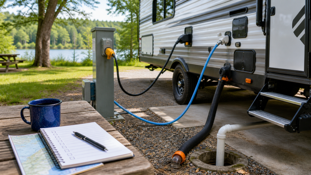 Beginner RV campsite setup showing power hookup, fresh water hose, and sewer connection beside a travel trailer
