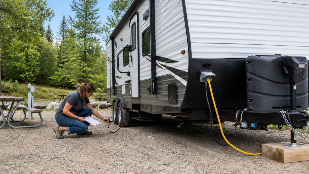Beginner RV camper doing a pre-trip safety check beside a travel trailer at a campground