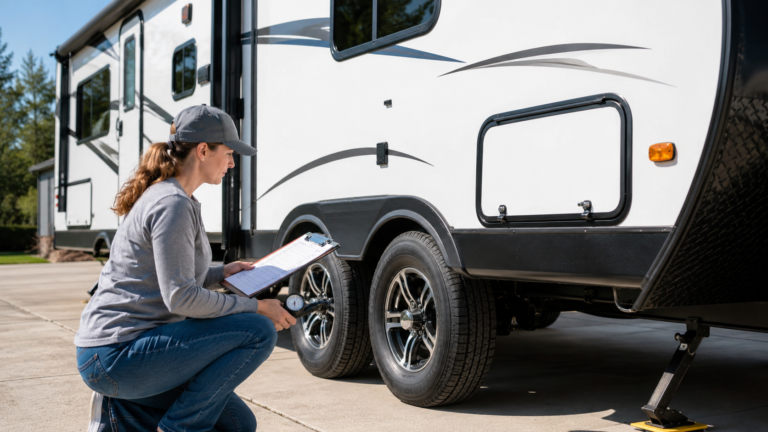 Beginner RV owner doing a pre-trip safety walk-around beside a travel trailer with a clipboard checklist and tire pressure gauge