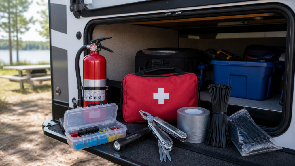 Essential RV safety and maintenance supplies arranged neatly inside an RV storage hatch, including a fire extinguisher, first aid kit, spare fuses, multi-tool, duct tape, and zip ties.