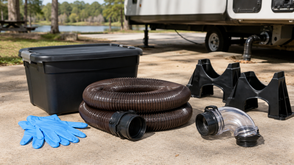 RV sewer dumping kit neatly arranged on a campground surface with hose, clear elbow, gloves, hose supports, and storage bin