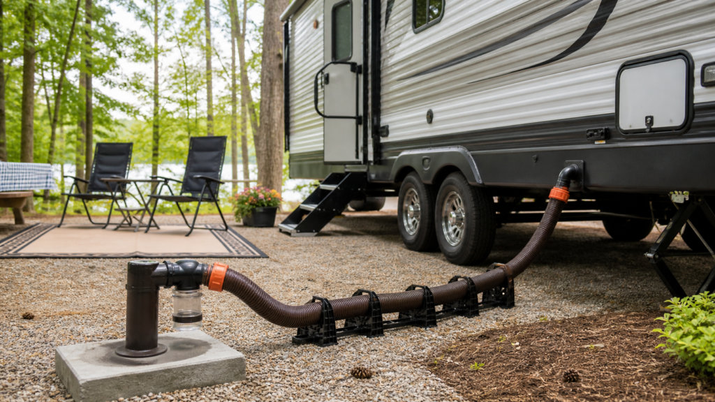 RV sewer hose securely connected to a campground sewer inlet with proper hose support beside a tidy travel trailer campsite