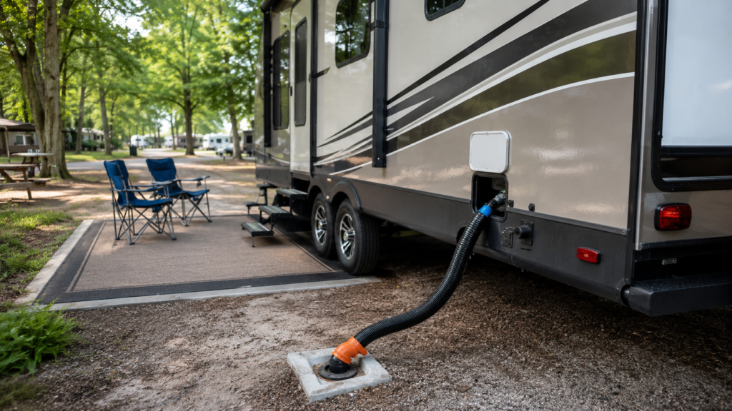 Side of an RV with visible sewer outlet area and a clean organized campsite setup in daylight