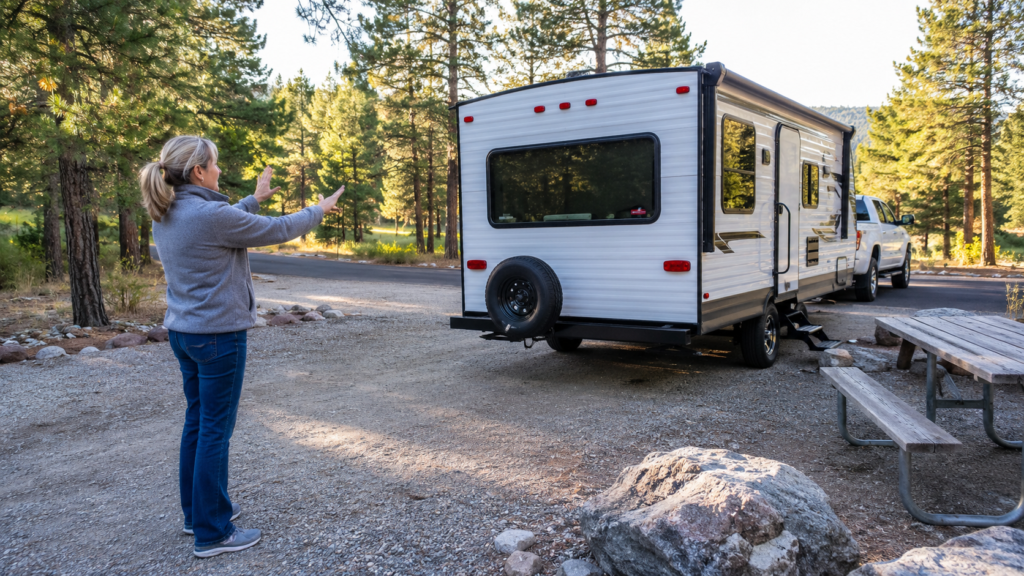 A spotter calmly guides a travel trailer into a spacious campsite while the driver uses mirrors.