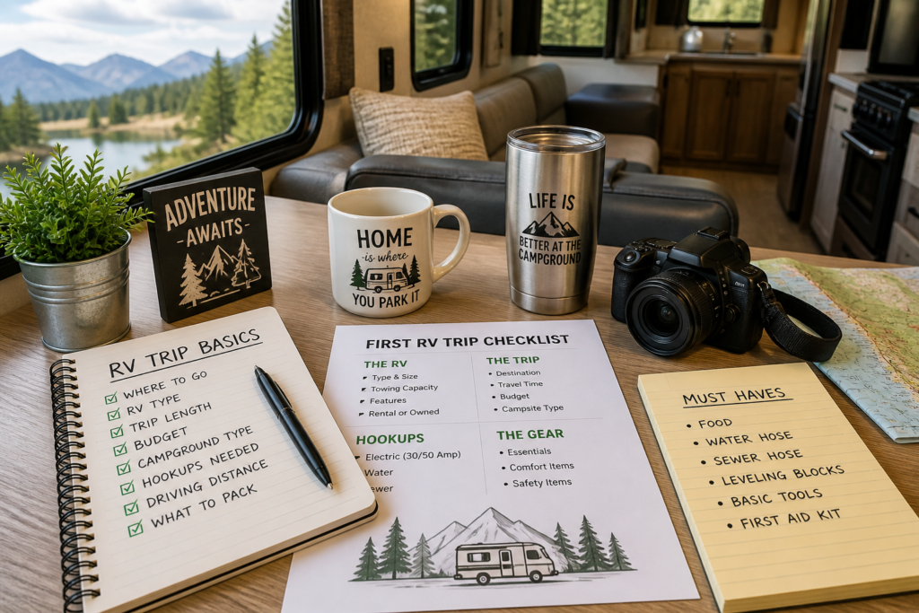 RV trip planning scene showing a beginner checklist, campground map, and first trip basics inside an RV